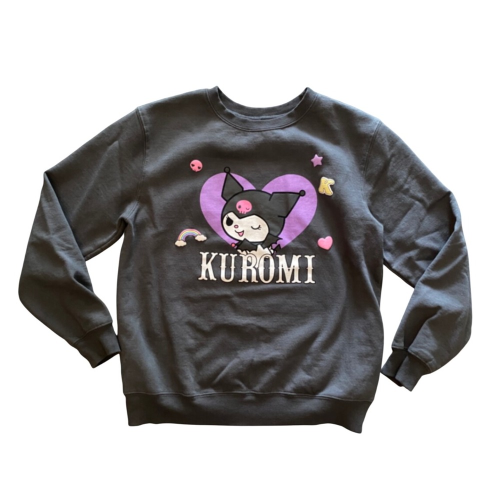 Sanrio Kuromi Sweatshirt Women XL Charcoal Gray Graphic Fleece Pullover Heart